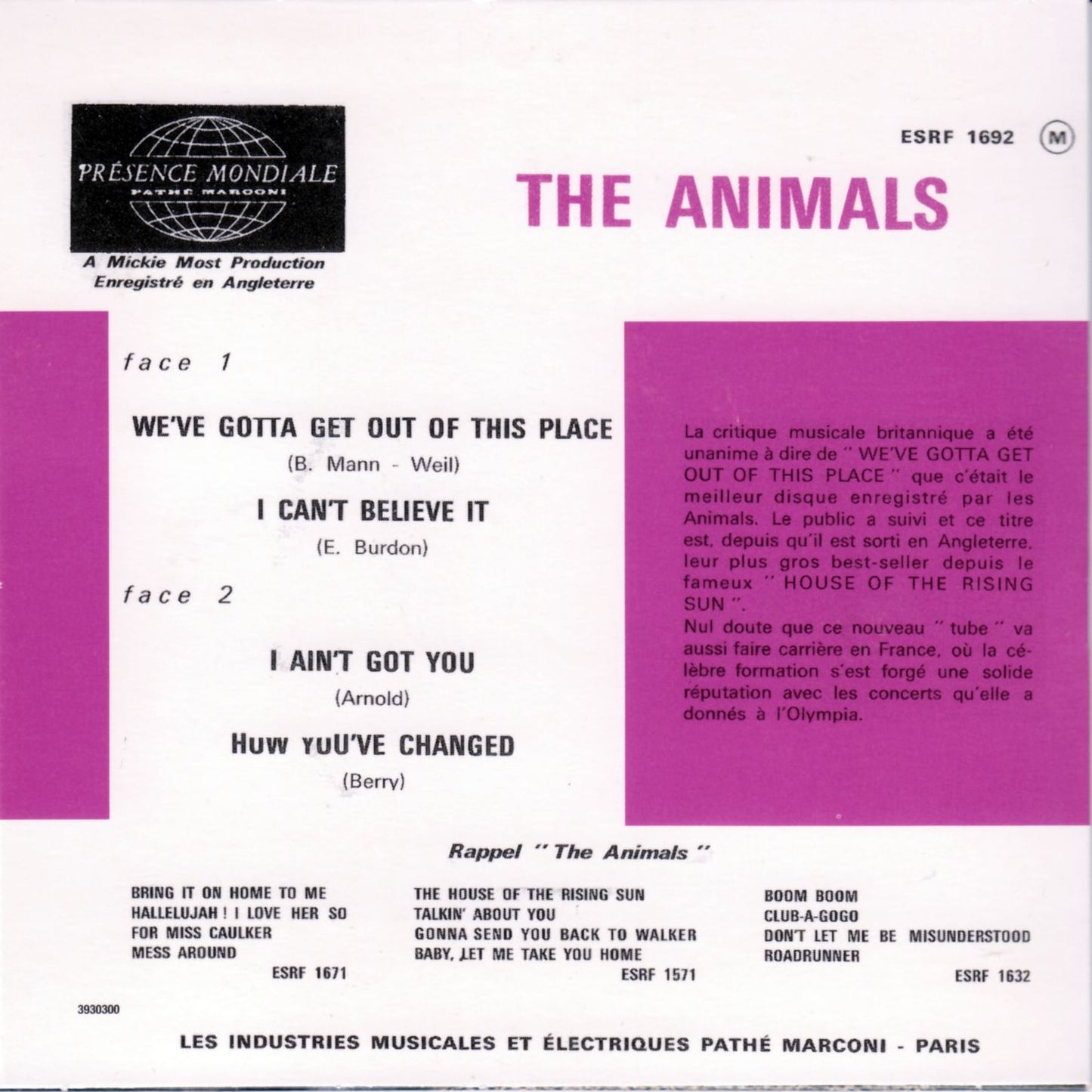ANIMALS - WE'VE GOTTA GET OUT OF THIS PLACE